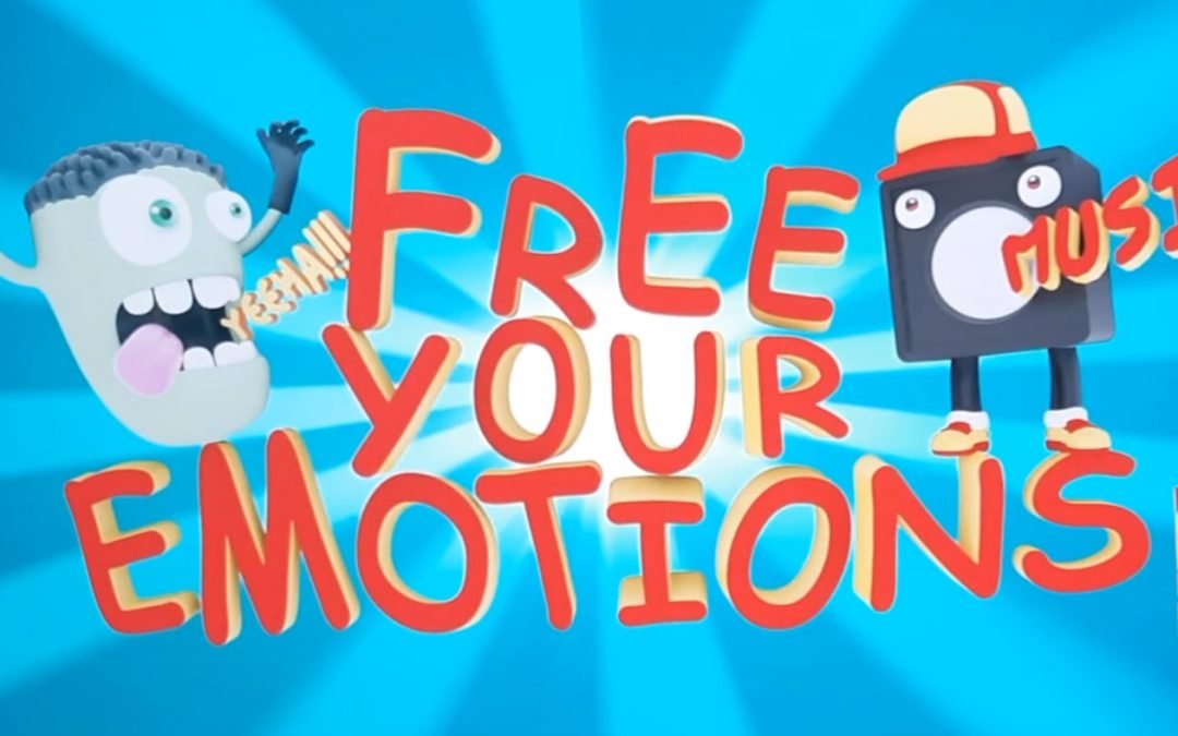 personaggi di fantasia in 3D su uno sfonto celeste con raggi di luce e la scritta "Free your emotions"