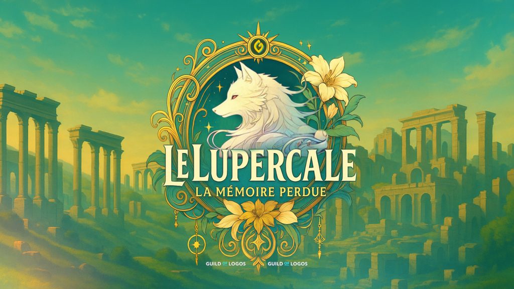 La Lupercale, grafica di presentazione videogioco, logo con un lupo e llustrazione di rovine romane sullo sfondo